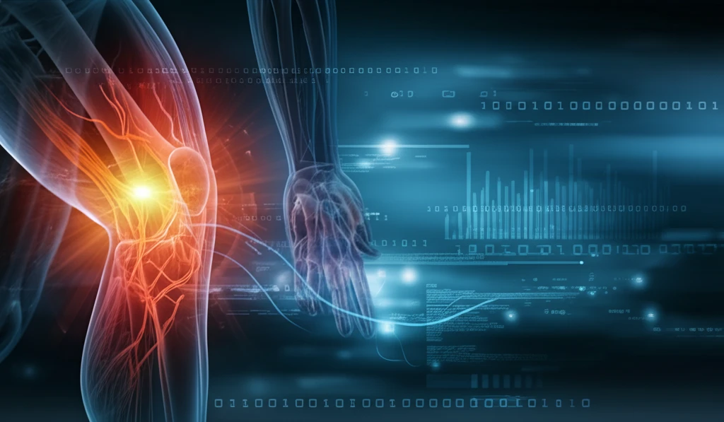 Digital illustration of ACL reconstruction with glowing muscle activation lines, symbolizing dynamic recovery and athletic lifestyle.