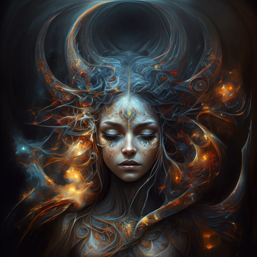 A digital illustration of Prakriti, the feminine energy in Hindu philosophy, surrounded by swirling energies and symbols of the three gunas.