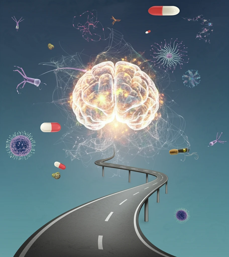 Winding road to a glowing brain, symbolizing psychiatric drug development.