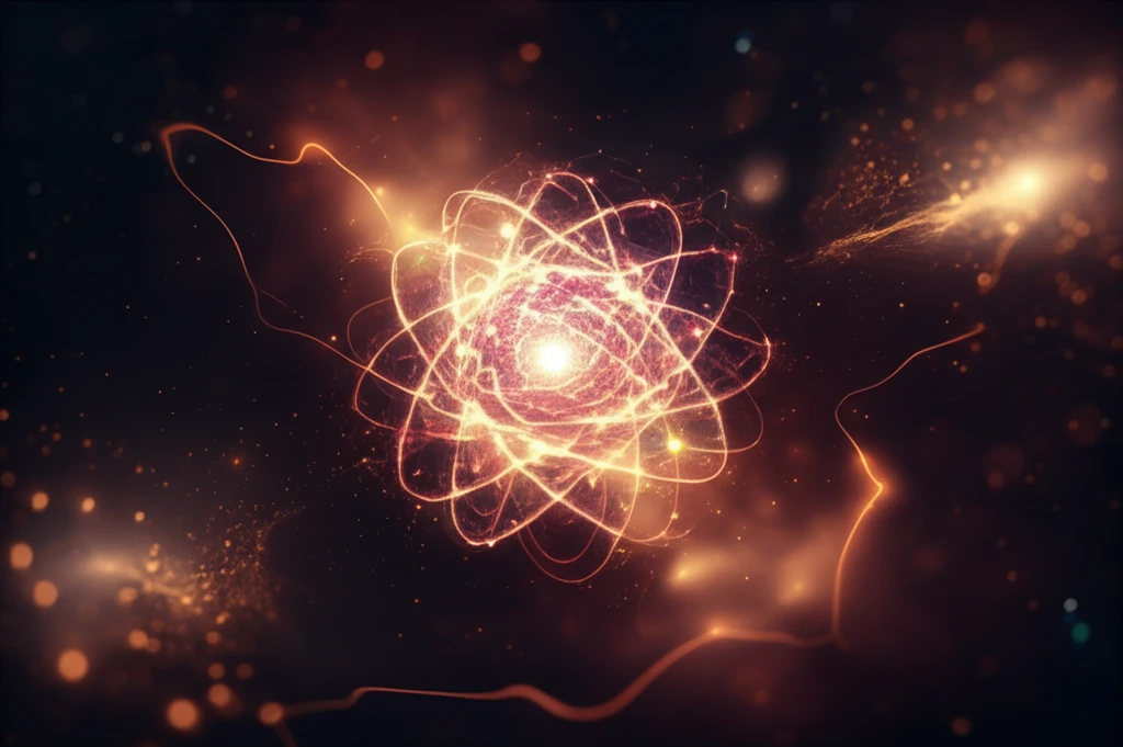Glowing atomic nucleus floating in cosmic space