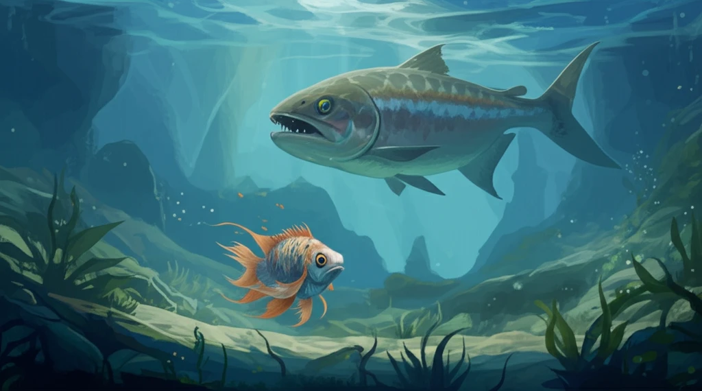Juvenile fish in aquarium with looming shadow of large, menacing fish in polluted river.