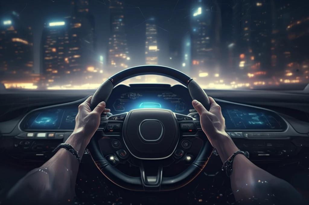 Futuristic steering wheel with glowing sensors.