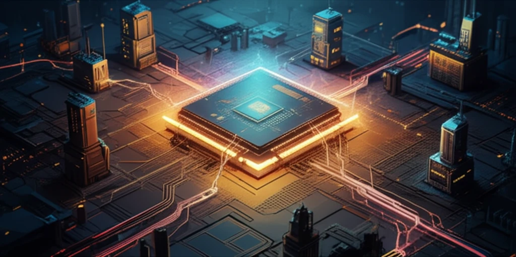 Futuristic illustration of a GaN MIS-HEMT chip powering a city.