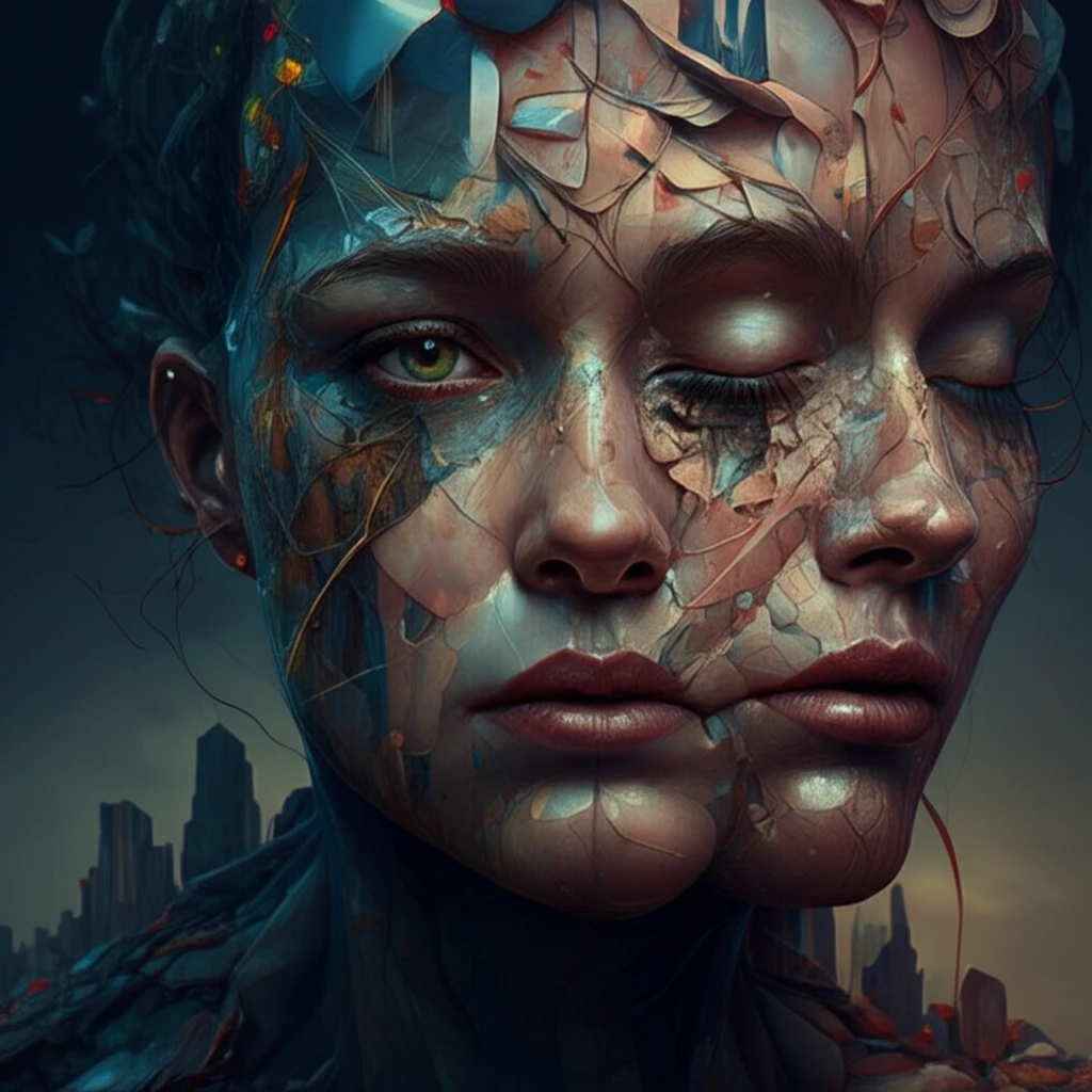 Surreal cityscape face representing the connection between language and social identity.