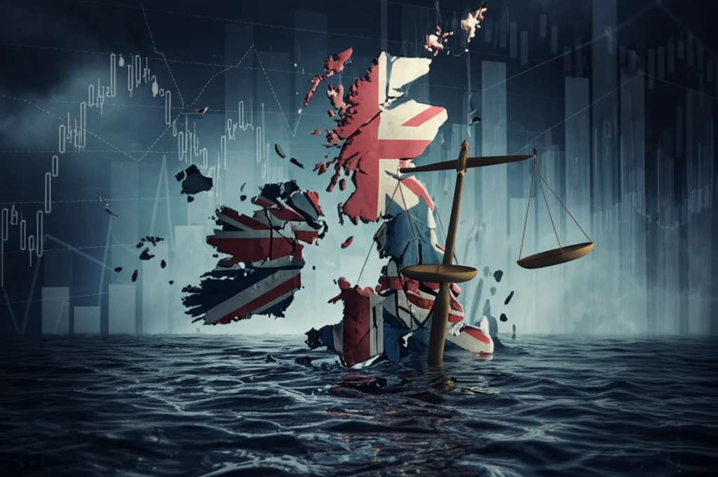 A fractured United Kingdom sinking under economic pressures.