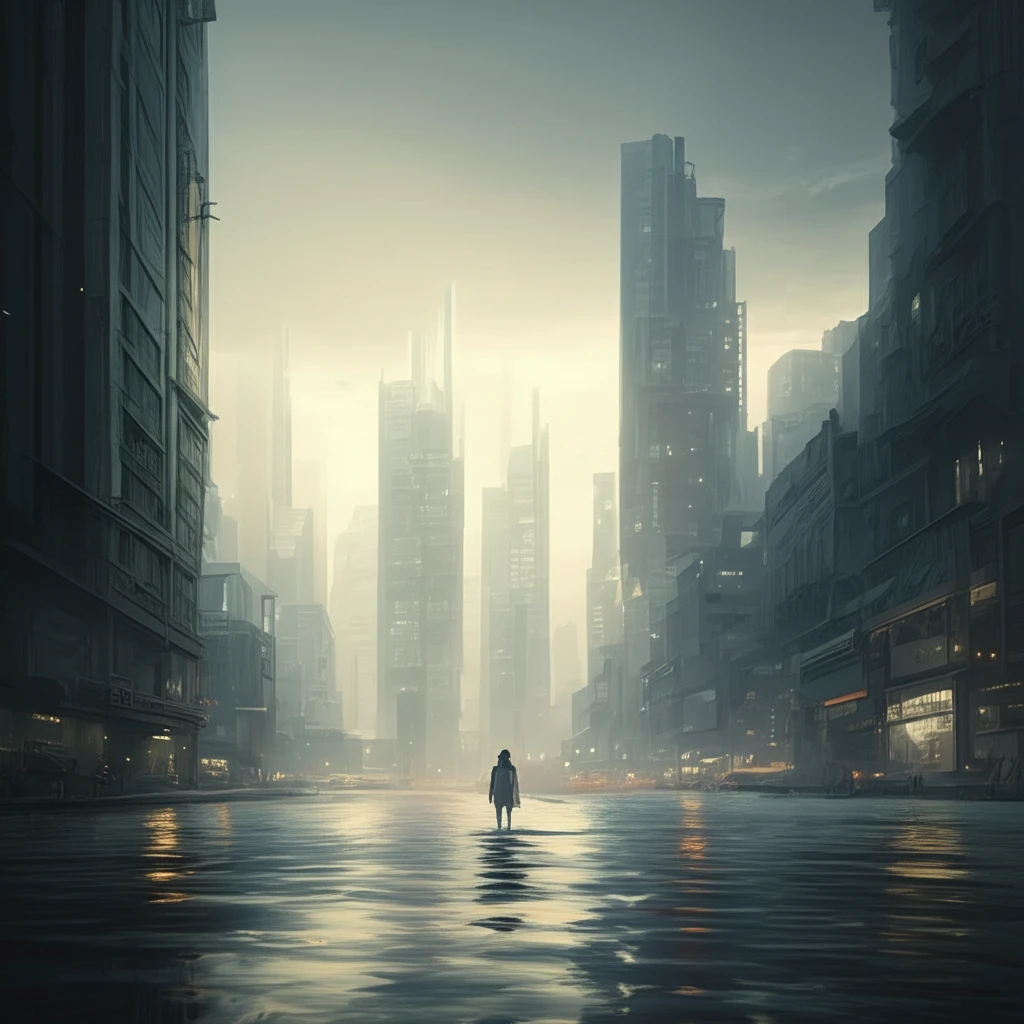 Futuristic city floating on water, buildings swaying gently.