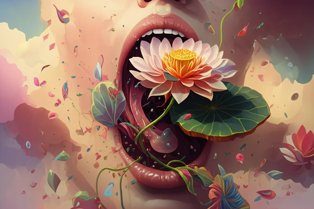 Lotus flower emerging from a stylized mouth, representing hope in cancer treatment.