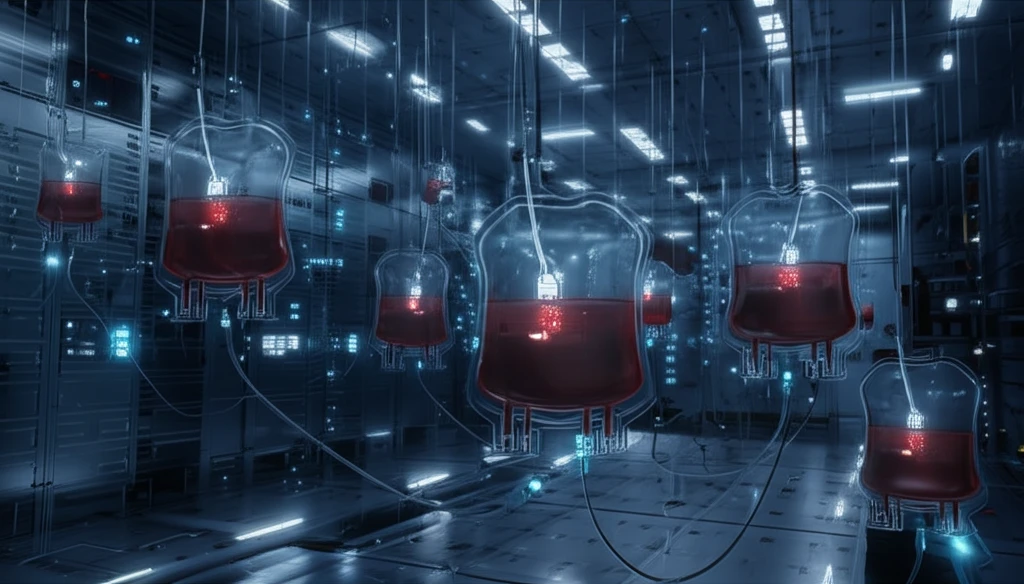 Blood bags monitored by glowing silver nanowire sensors in a high-tech storage facility.
