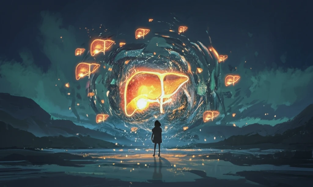 Glowing liver symbols surrounding a child