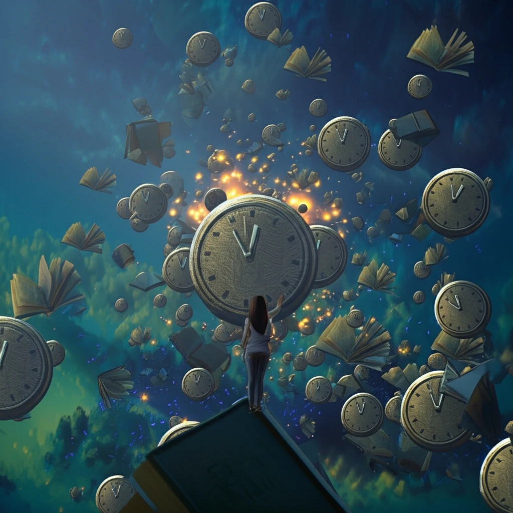 Surreal illustration of a student surrounded by floating clocks and books, symbolizing effective time management.