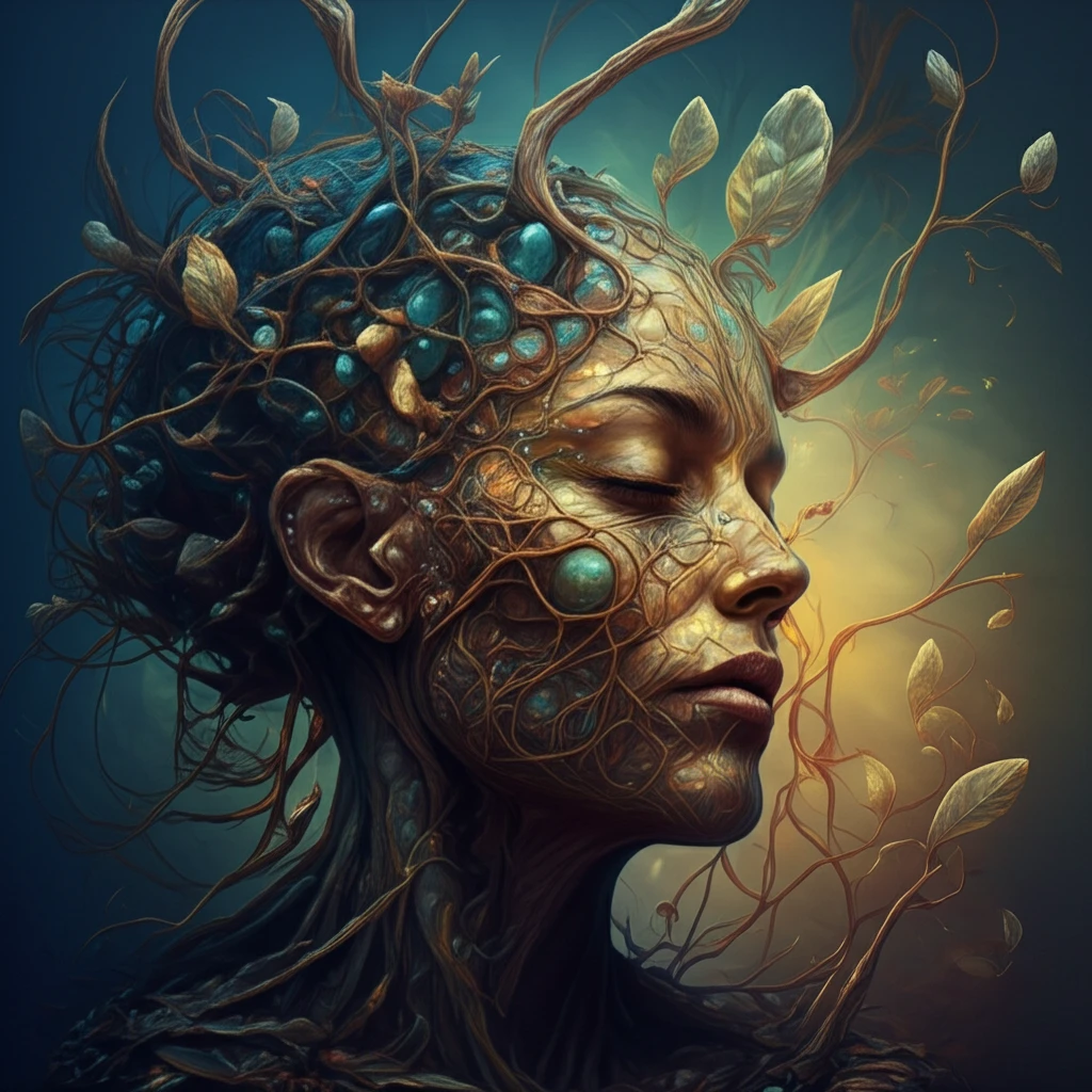 Interconnectedness of TMD and overall health represented by face emerging from roots and branches.