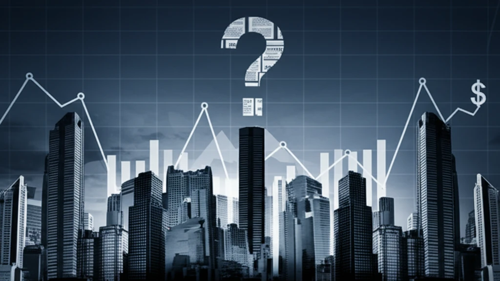A cityscape of fluctuating financial charts under a questioning sky.