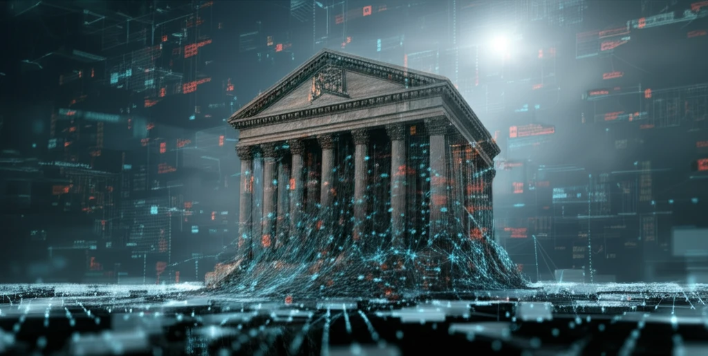 Illustration of traditional bank merging into digital financial network.