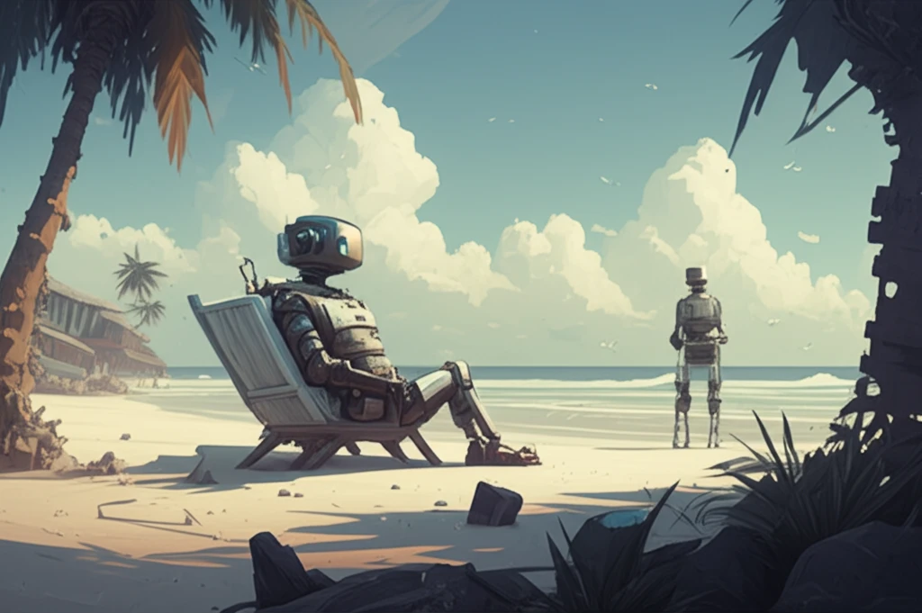 Industrial robot relaxing on a beach, symbolizing a working vacation for machine repair.
