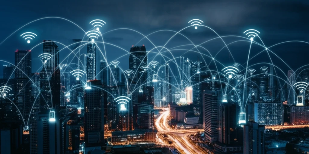 Futuristic city with glowing network signals symbolizing efficient LTE communication.