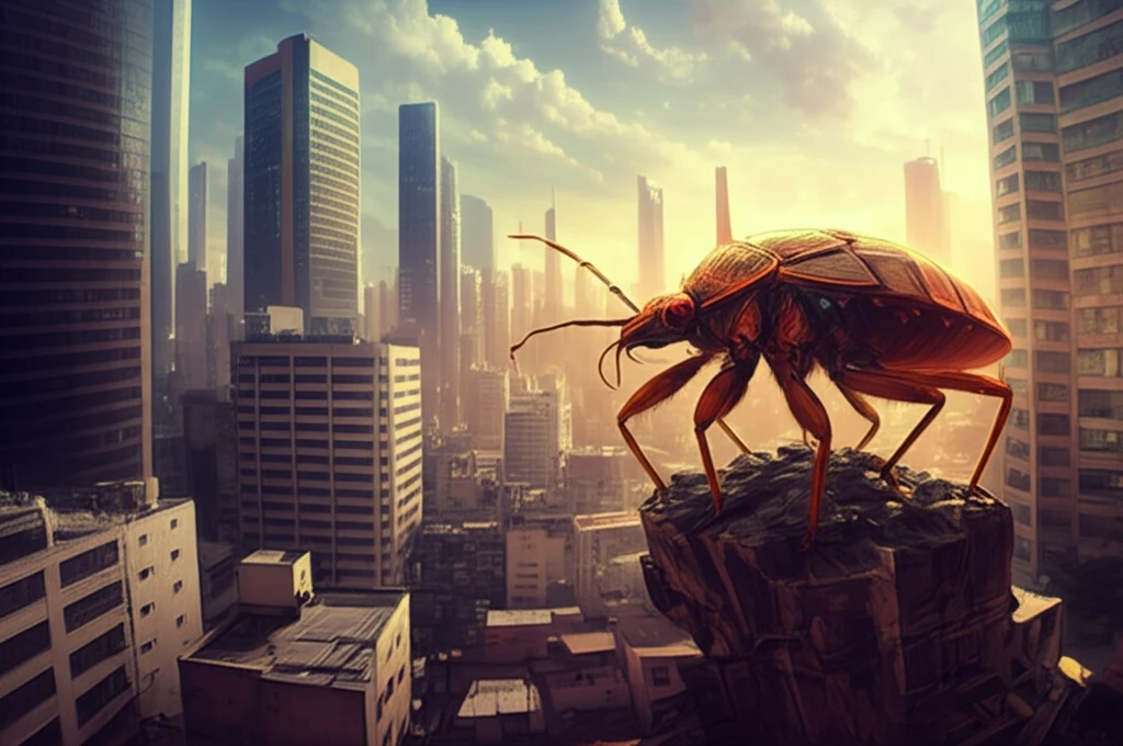 Kissing bug blending into Caracas cityscape, symbolizing adaptation.