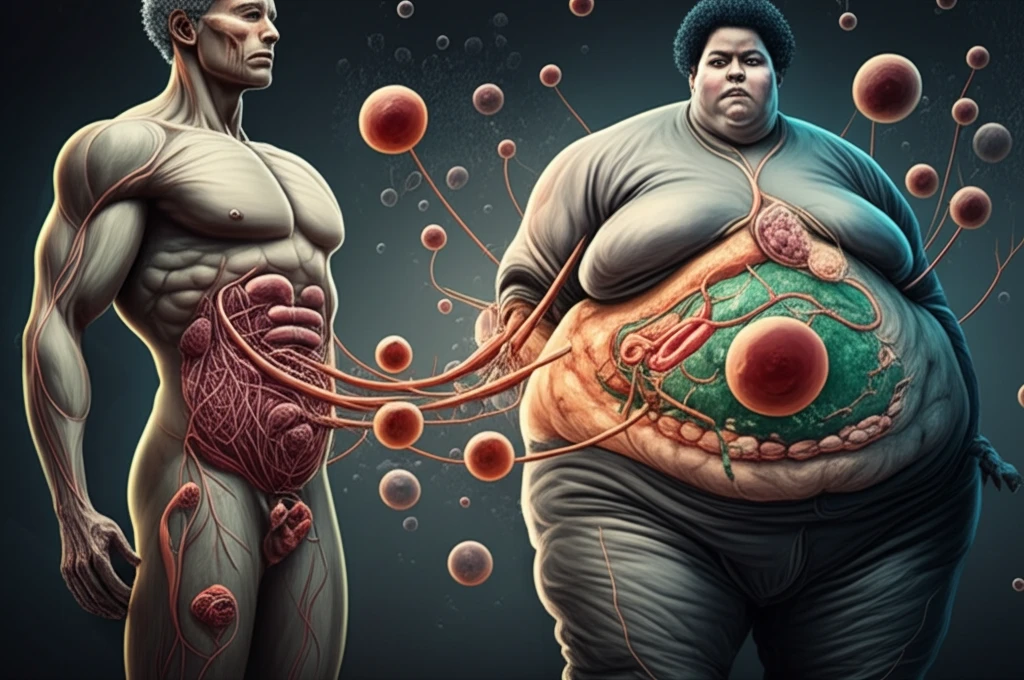 Illustration comparing healthy and obese individuals, showing cancer cells drawing resources from adipose tissue in the obese figure.