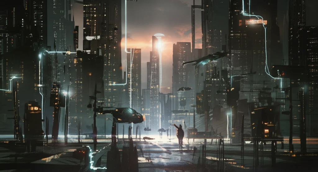 Futuristic cityscape powered by wireless energy beams.