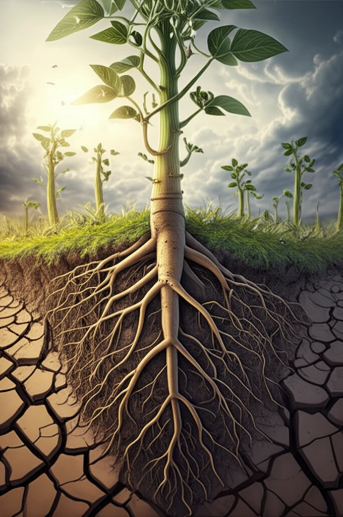 Drought-resistant soybean roots reaching deep into cracked earth.