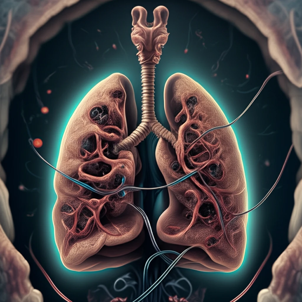 Digital illustration of lungs with emphysema and a chest tube system symbolizing post-operative care.