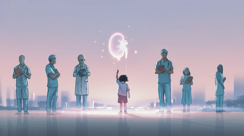 A child holding a kidney-shaped balloon with a healthcare team.