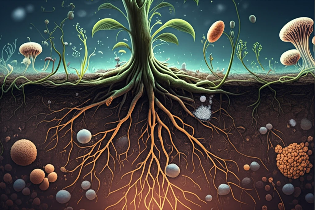 Plant roots and glowing fungal networks in subsoil enhancing carbon storage.