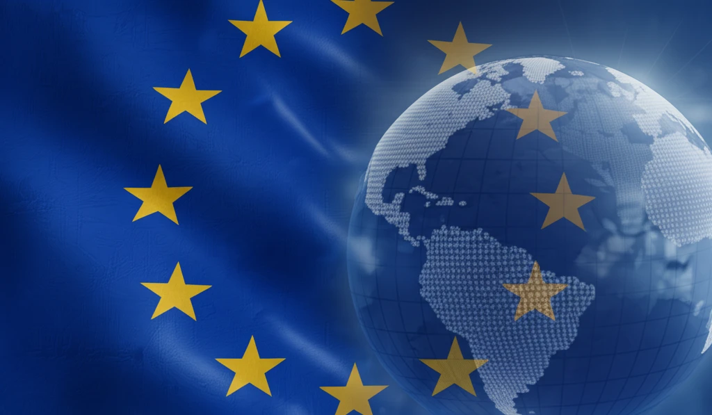 EU flag interwoven with symbols of international organizations on a globe background.