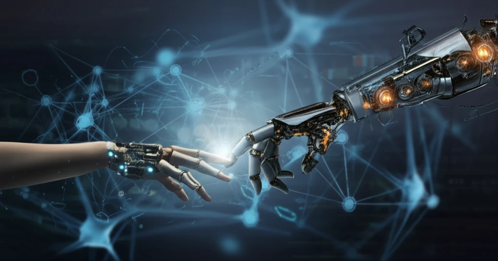 Robotic arm assisting human arm, symbolizing stroke rehabilitation and neural plasticity.