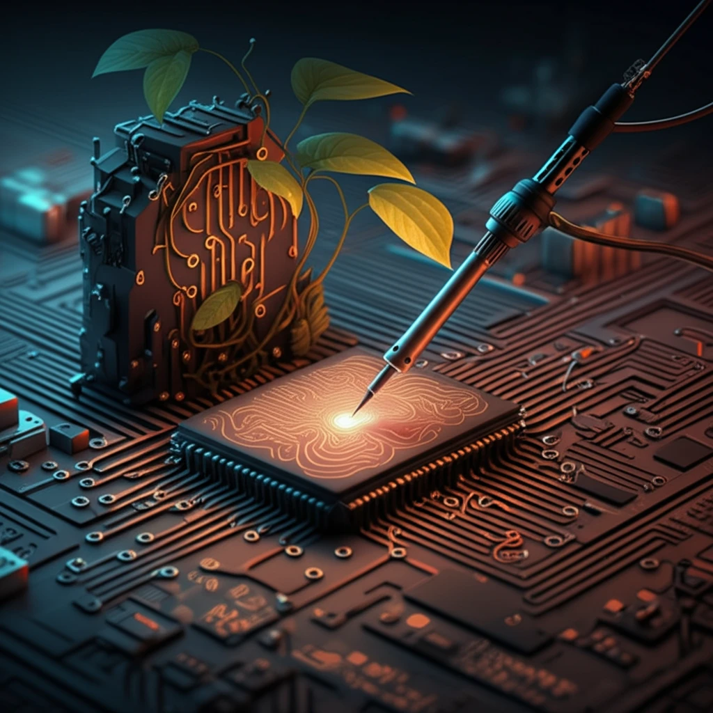 Surreal illustration of a circuit board transforming into a Zen garden with a soldering iron, representing optimization and balance in electronics manufacturing.
