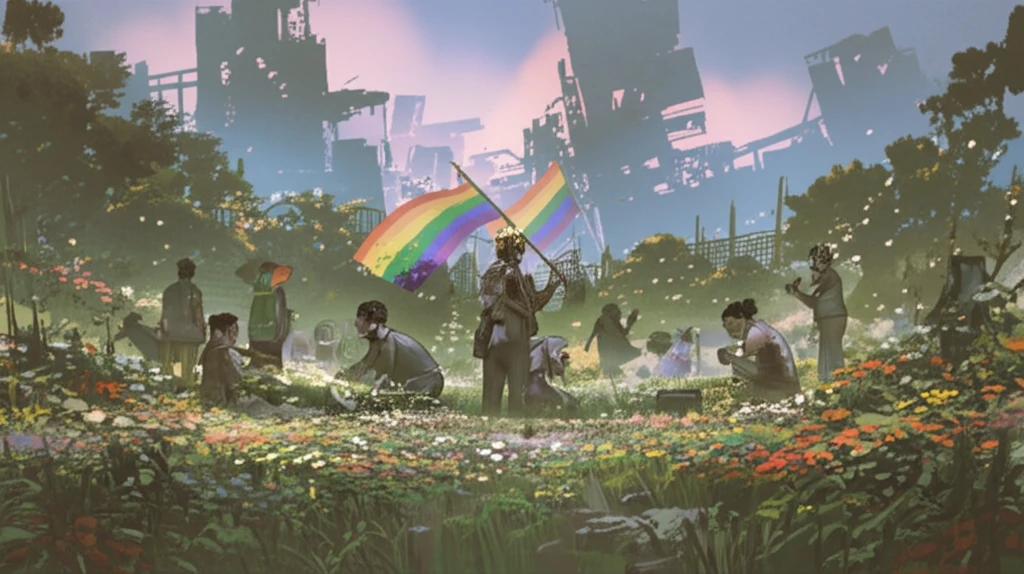 A diverse group of LGBTQ+ individuals tending to a vibrant garden in a post-apocalyptic landscape, symbolizing resilience and queer community.