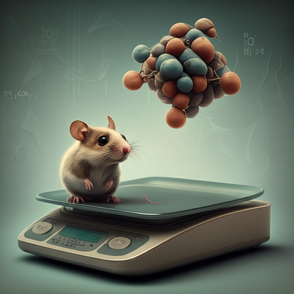 Stylized image of a mouse on a scale with a GIP molecule hovering, symbolizing metabolic balance.