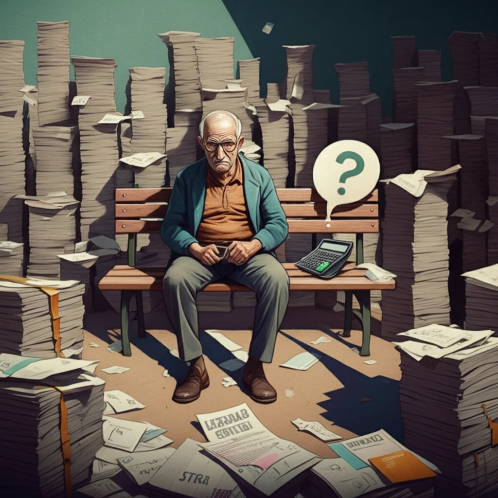 Elderly person sitting in park with financial documents creating wealth shadows