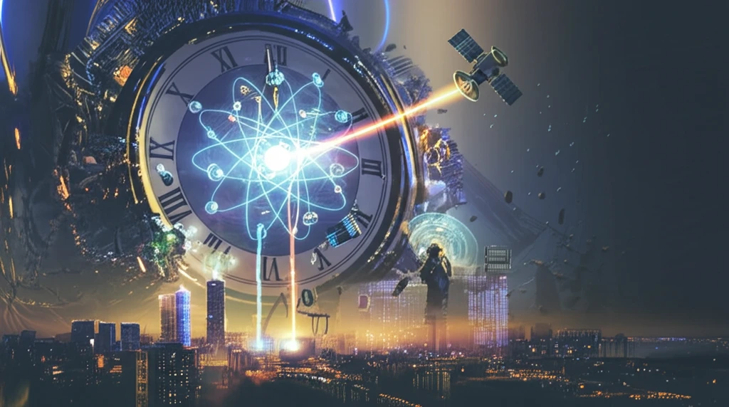 Futuristic atomic clock towering over a modern city