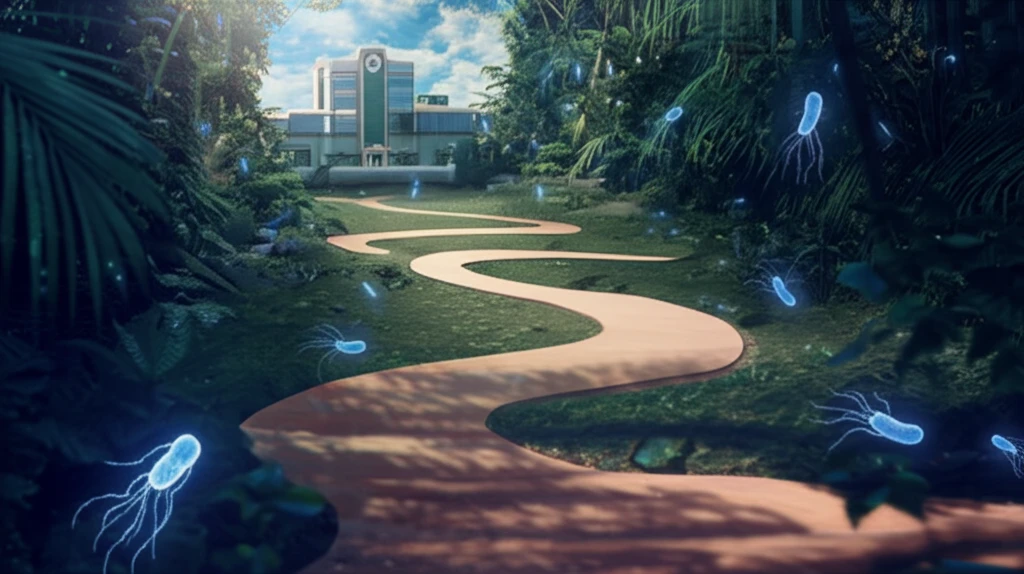 Surreal illustration of a tropical landscape with glowing bacteria, symbolizing rapid leptospirosis testing.