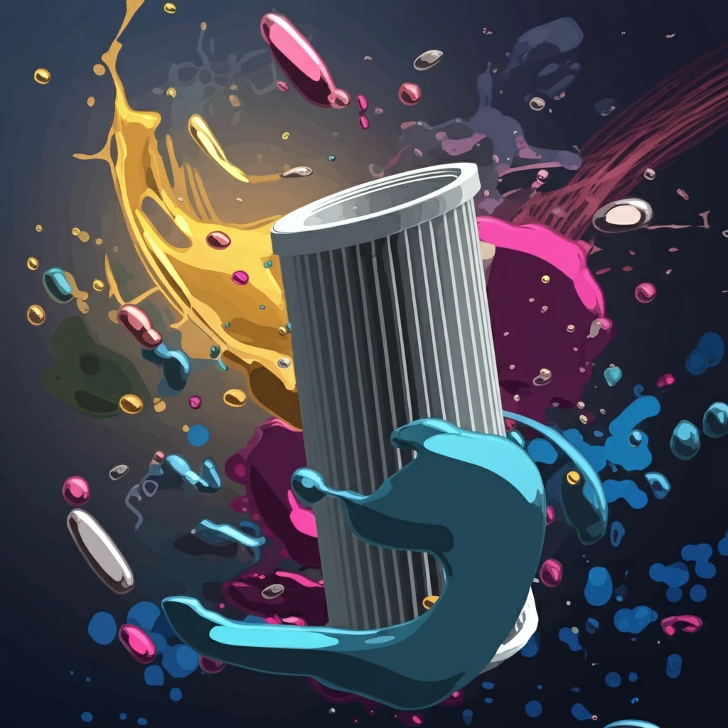 Surreal illustration of activated charcoal filter amidst colorful pills and liquids.