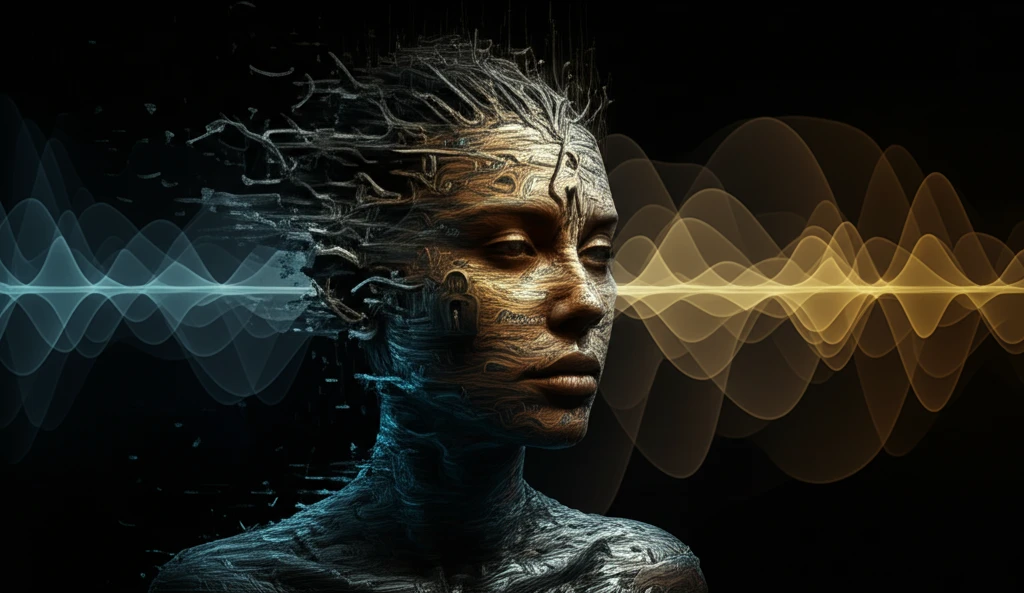 Surreal image of face dissolving into sound waves, symbolizing voice recognition.