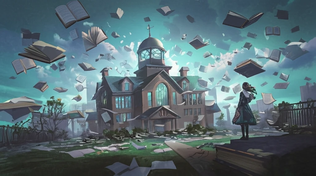 Surreal illustration of a girls' school with floating books representing the literary world within.