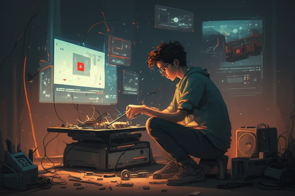 Surreal image of a person learning from video instructions.