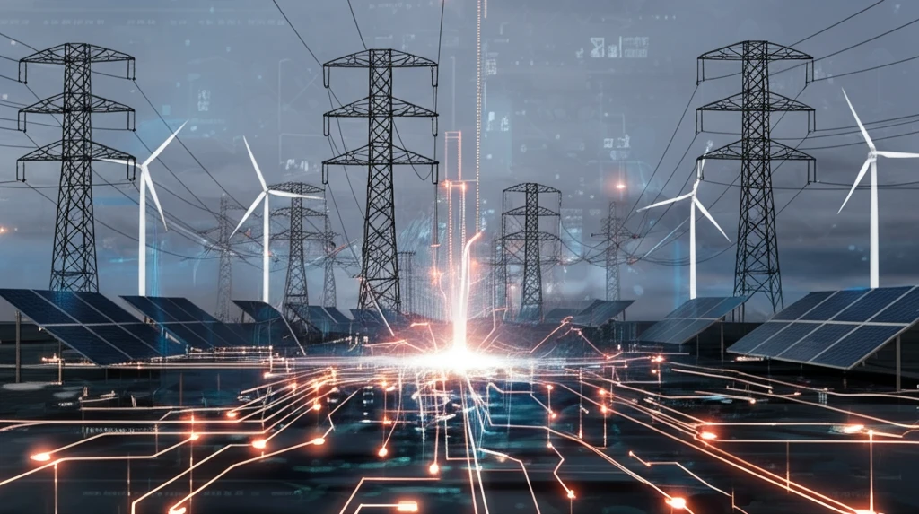 Electrical grid converging on fault point with renewable energy backdrop.