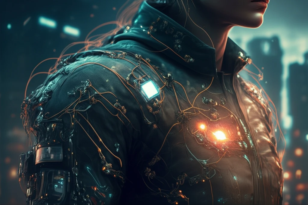 Futuristic interconnected web of conductive threads woven into a garment