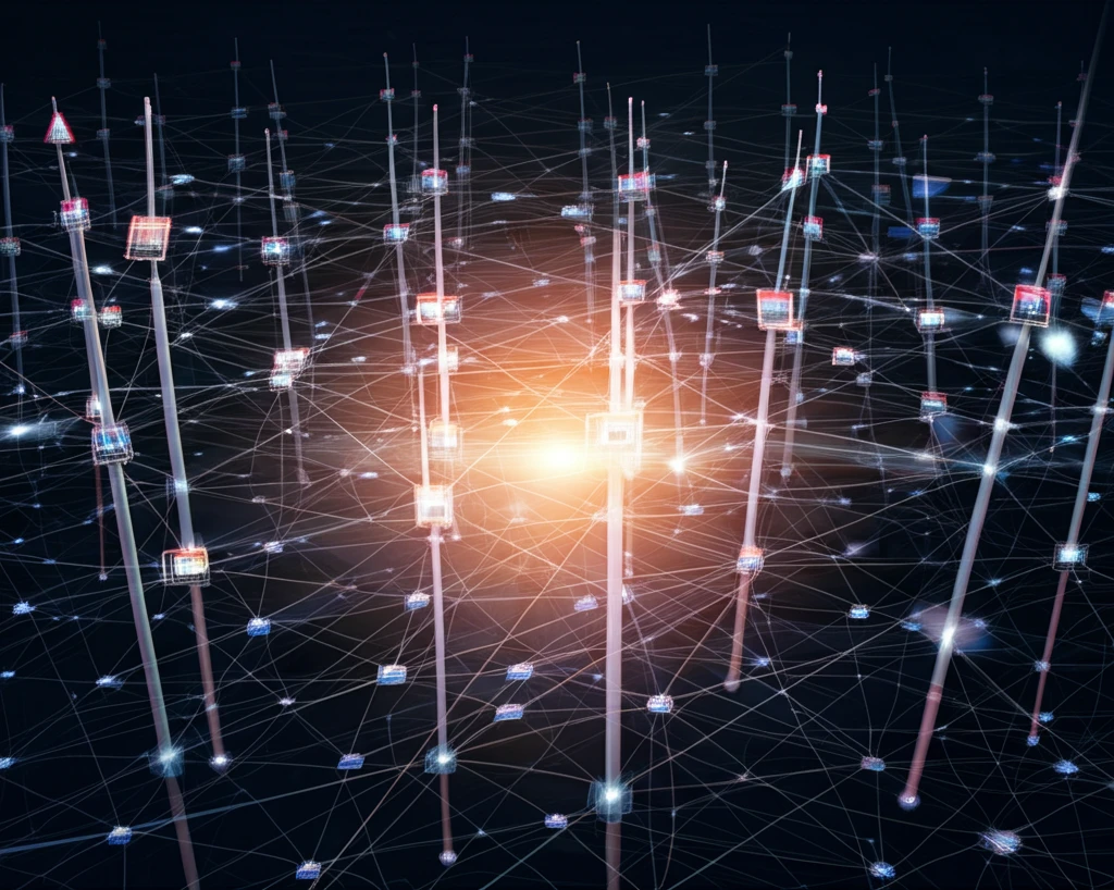 Interconnected network of energy sources leading to sustainability.