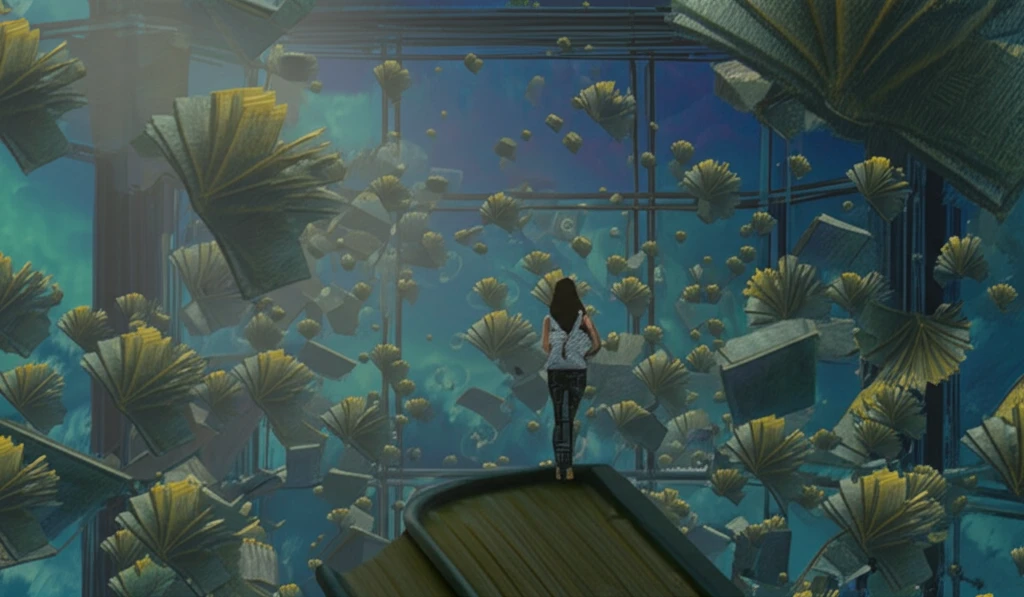 Student surrounded by books, knowledge symbols and vibrant colors, in a classroom setting