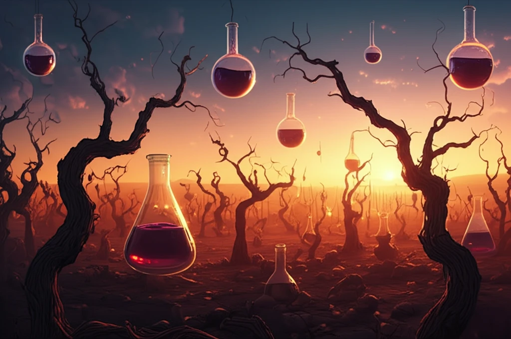 Surreal vineyard with glowing beakers representing the chemical balance in winemaking.