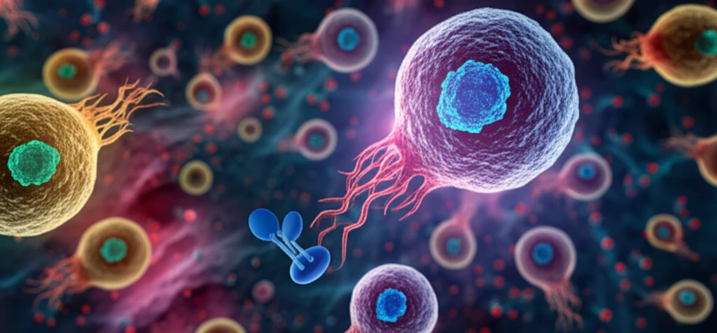 Surreal digital illustration of dividing cancer cells highlighting progesterone receptor expression.