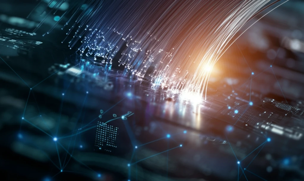 Futuristic data streams flowing through fiber optic cables, representing the future of high-speed internet.