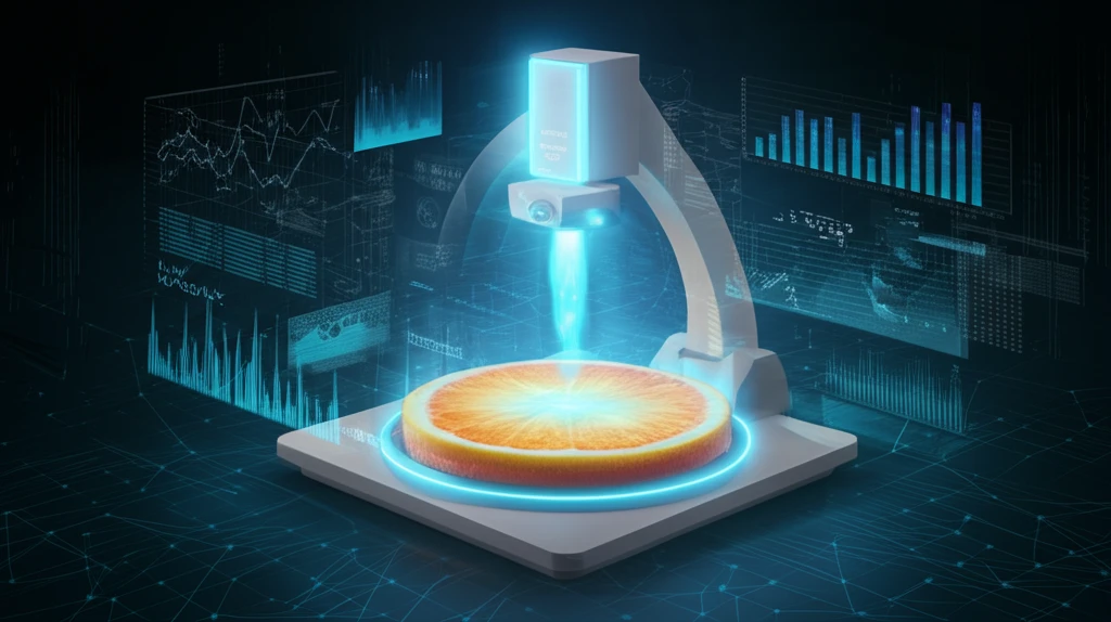 Glowing spectrofluorometer analyzing an orange, abstract data visualizations floating around