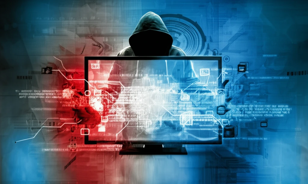 Smart TV Hacking: A visual representation of the risks associated with IoT devices with IR remote control, showing data being stolen from a smart TV.