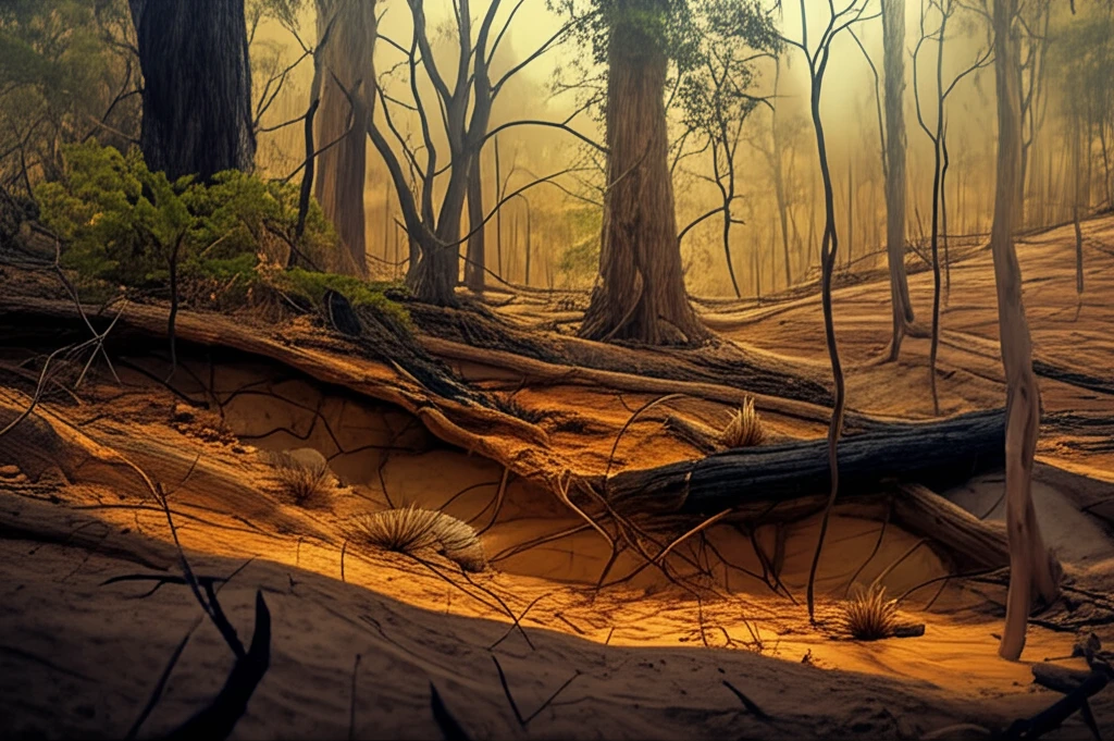 Ancient Australian peatland with rainforest and fire-prone vegetation.