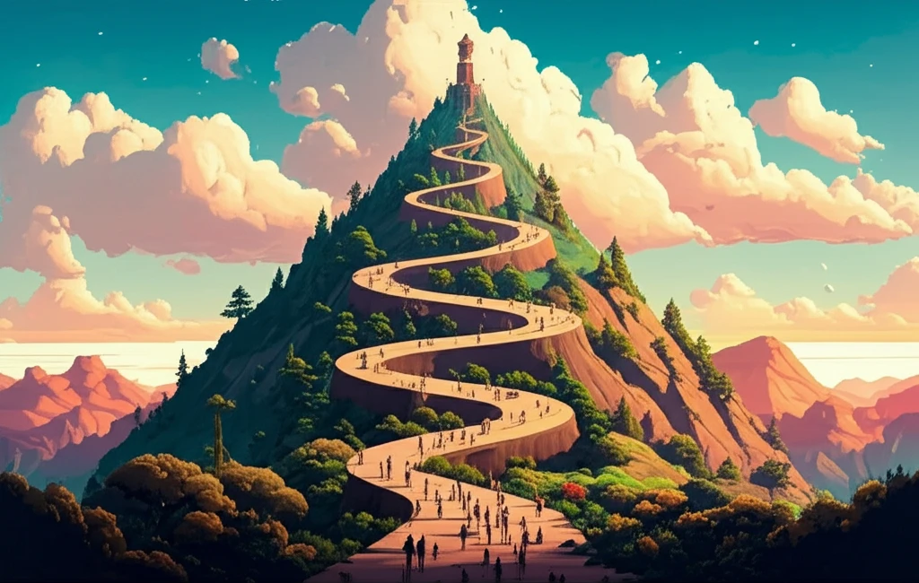 A winding road leading up a mountain symbolizes the complex journey of the energy transition, with multiple paths representing different energy sources and diverse stakeholders at the base.