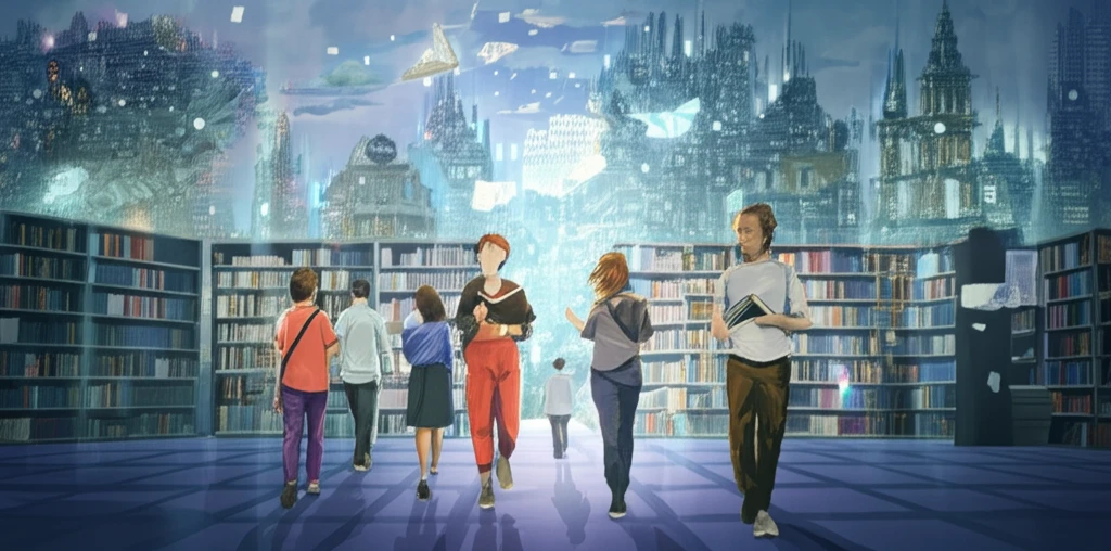 Diverse group walking towards futuristic library